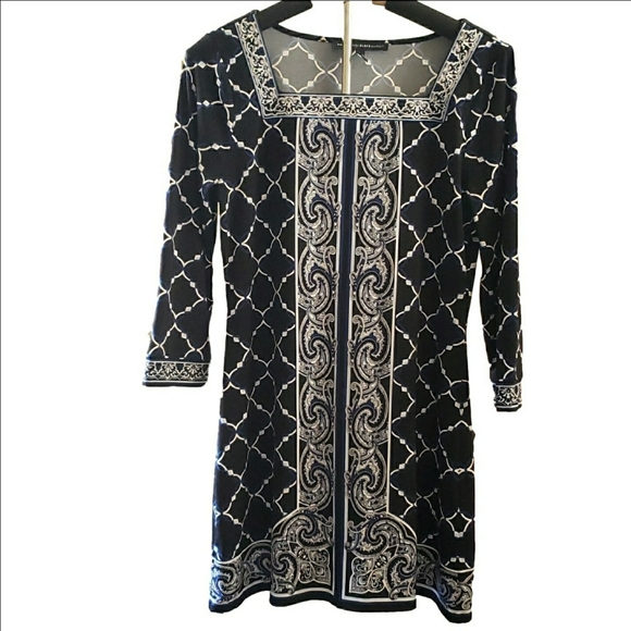 White House Black Market Black & White Print Dress Size Small Square Neck - Picture 2 of 7